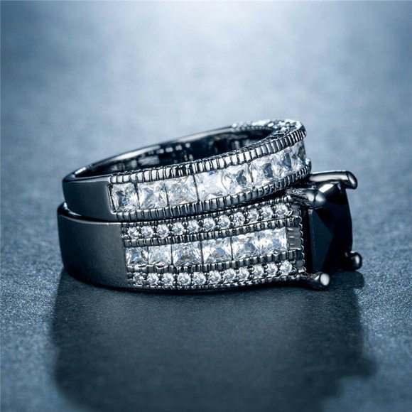 New 2pc Silver Black Gold Filled Sapphire Ring - Picture 4 of 4